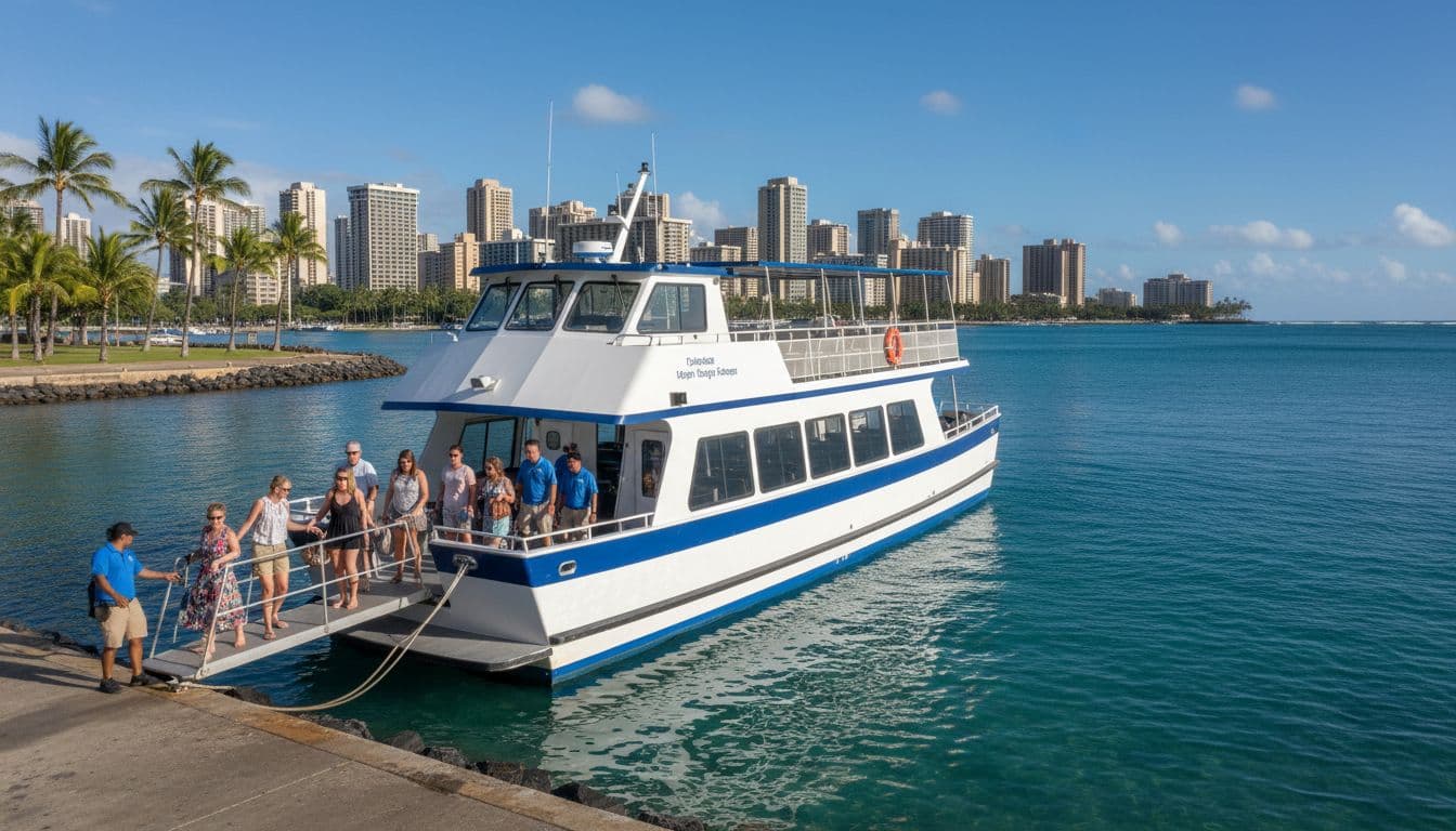 A double-decker boat is docked at Kewalo Basin harbor in Honolulu, with calm turquoise ocean water, Waikiki skyline in the background, and passengers boarding excitedly on a sunny day.