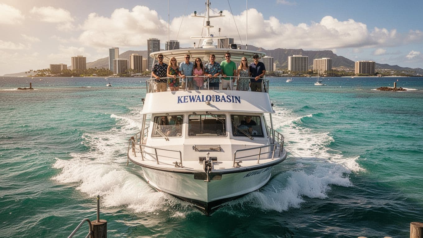 Double-decker boat leaving Kewalo Basin Harbor towards Waikiki with turquoise waters and Honolulu skyline. Passengers on upper deck enjoy cinematic views with warm tropical tones.