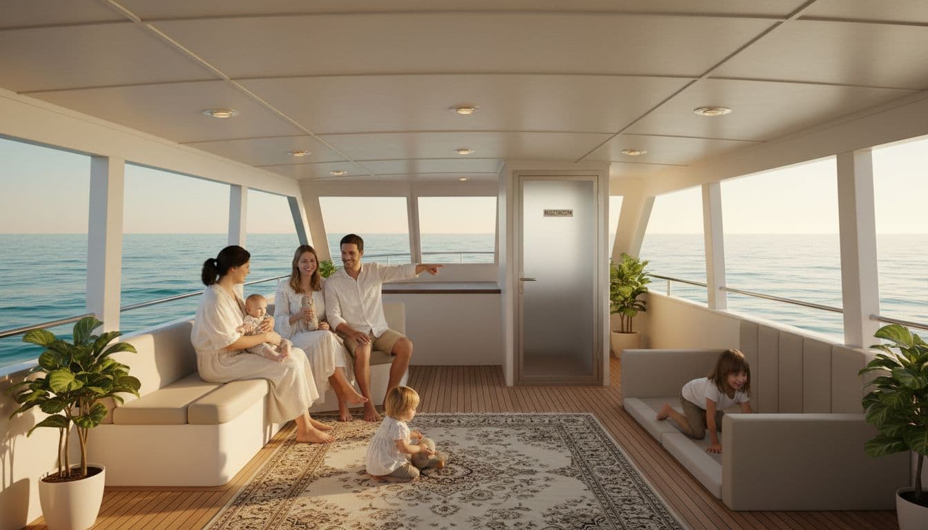 Interior view of the spacious lower deck on a double-decker boat, showing shaded seating areas where two families—four adults and three kids—relax and play safely, with an onboard restroom door visible and calm sea through the window under warm natural light.