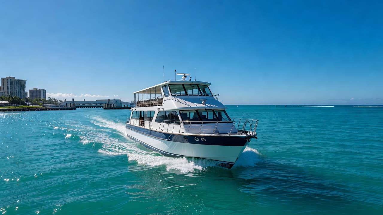 A large passenger vessel navigates out of Kewalo Basin Harbor under a clear blue sky. The turquoise ocean contrasts against the boat's frame as it begins a scenic excursion near Waikiki.