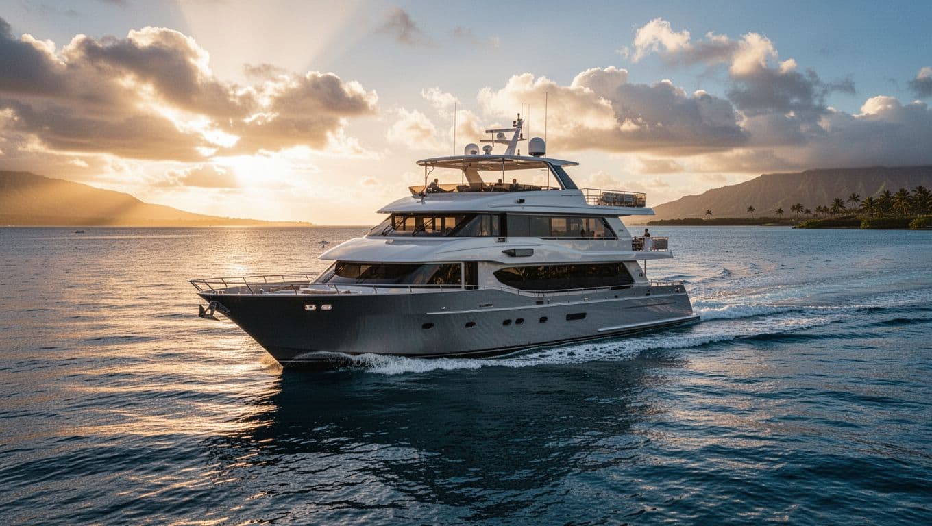 A double-decker cruise boat travels across calm tropical waters during a golden sunset.