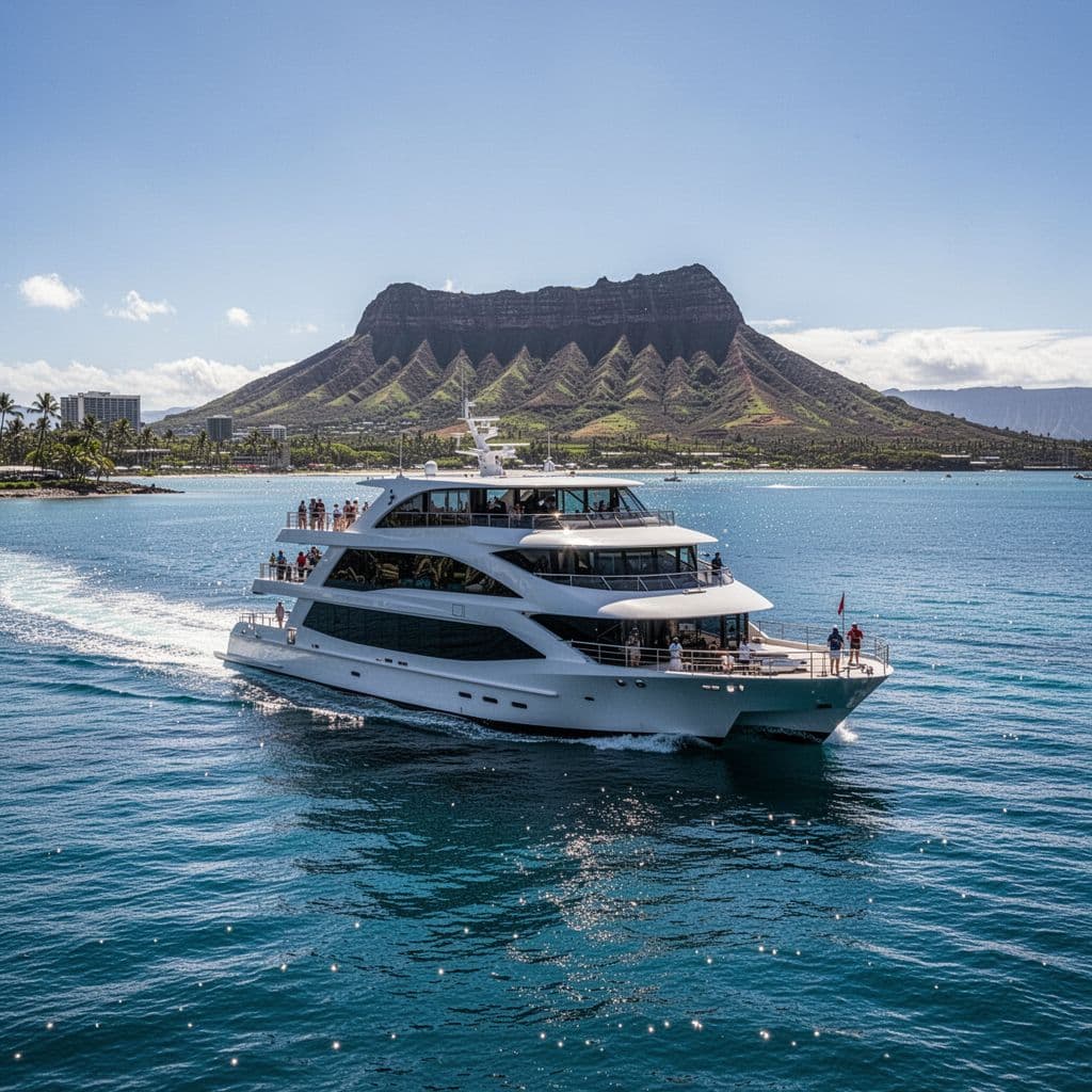 A spacious double-decker vessel cruises through calm blue waters along the Waikiki coastline. In the background, the iconic silhouette of Diamond Head rises against a clear sky under bright, warm sunlight.