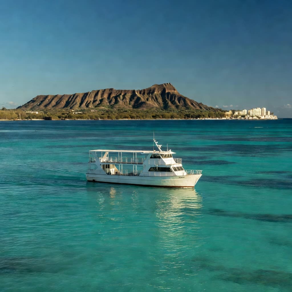 A sturdy double-decker vessel glides across serene turquoise waters near the coast. In the background, the iconic Diamond Head crater rises prominently under a vast, cloudless blue sky during the day.