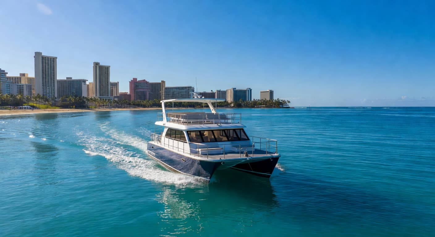 A modern white double-decker vessel sails across the vibrant blue Pacific waters near the Waikiki shoreline. Sunlight glints off the calm surface, creating deep shadows beneath the stable ship's hull.
