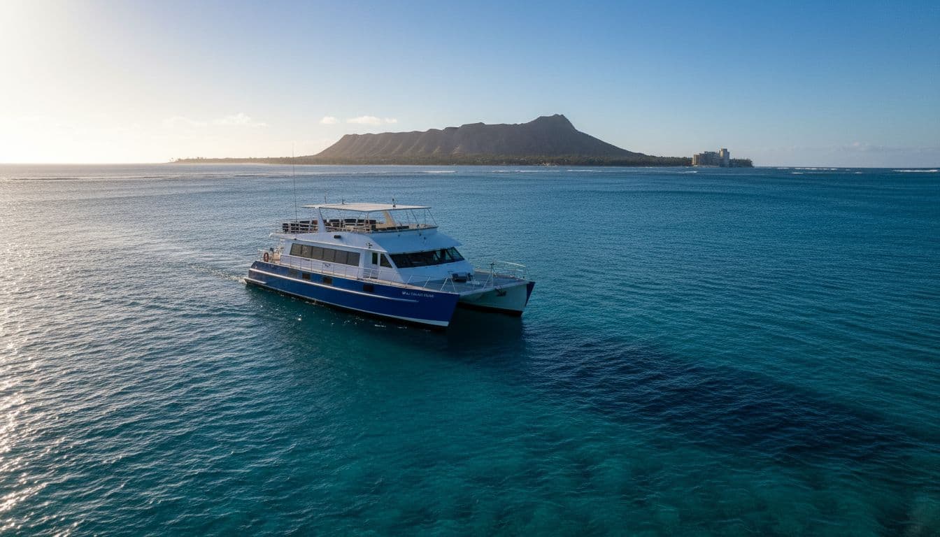 A large double-decker boat sails on the clear Pacific Ocean with Diamond Head visible in the distance.