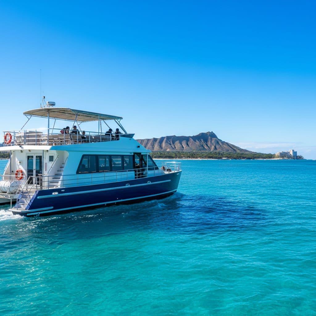 A sleek double-decker boat sails on bright blue water with Diamond Head visible in the distance.