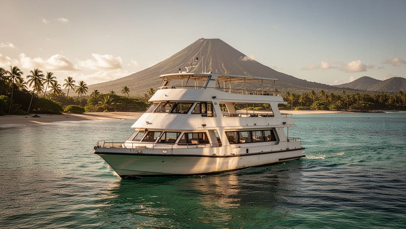 Double-decker boat floats on calm turquoise waters off Waikiki Beach with Diamond Head in background.