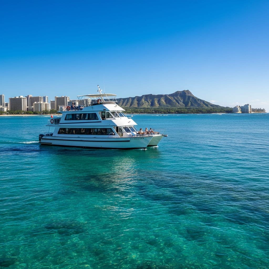 A double-decker boat cruises on calm blue ocean waters with Diamond Head crater in the background.