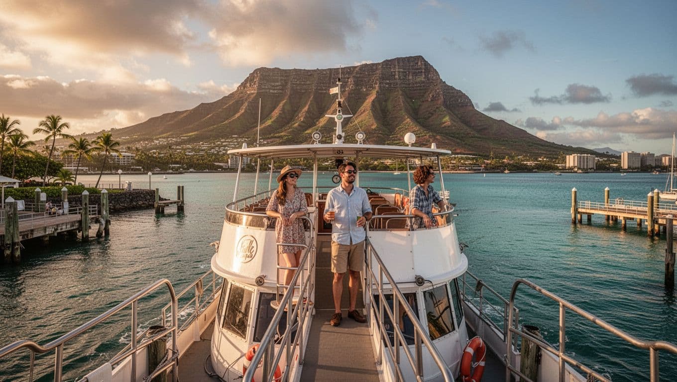 Double-decker tour boat leaves Kewalo Basin Harbor near Waikiki with turquoise waters and Diamond Head background; two relaxed passengers on open decks.