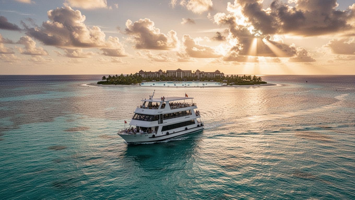 A double-decker boat cruises calm turquoise waters off Waikiki Beach with Hilton Hawaiian Village lagoon in the distant background, under golden hour sunlight with dramatic cinematic lighting.