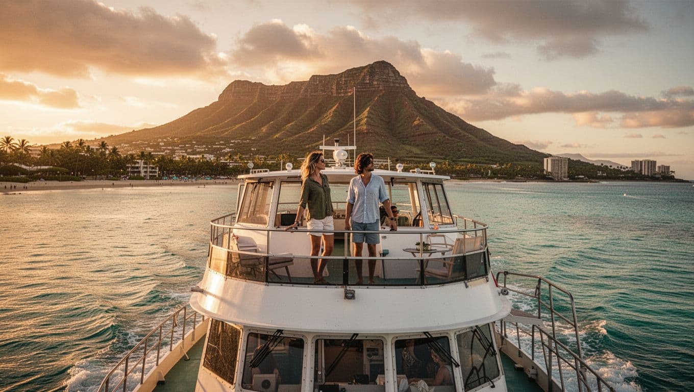 A double-decker boat cruises calm turquoise waters off Waikiki Beach, Oahu, with Diamond Head crater in the background under golden sunset light. Passengers on the upper deck enjoy cinematic views with strong contrast and dramatic lighting, exactly two people visible.