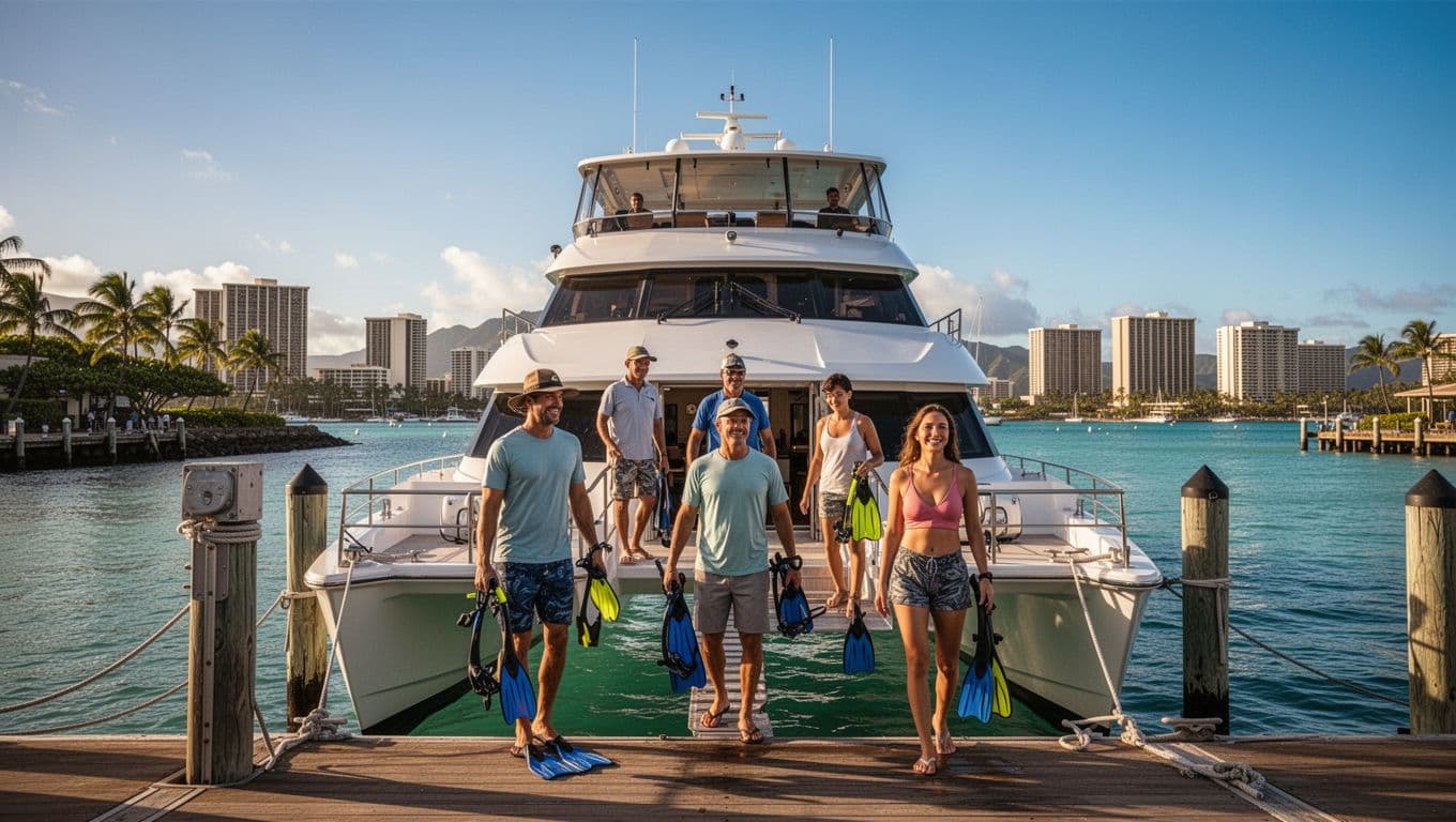 Double-decker power catamaran docked at Kewalo Basin Boat Harbor in Honolulu with Waikiki skyline in the distance, sunny day with turquoise water, two families and three crew boarding with snorkel gear for Turtle Canyon tour.