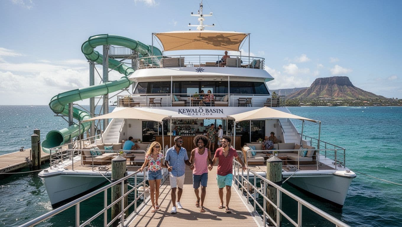 Double-decker catamaran docked at Kewalo Basin with upper-deck water slide and lower-deck bar; five diverse tourists boarding.