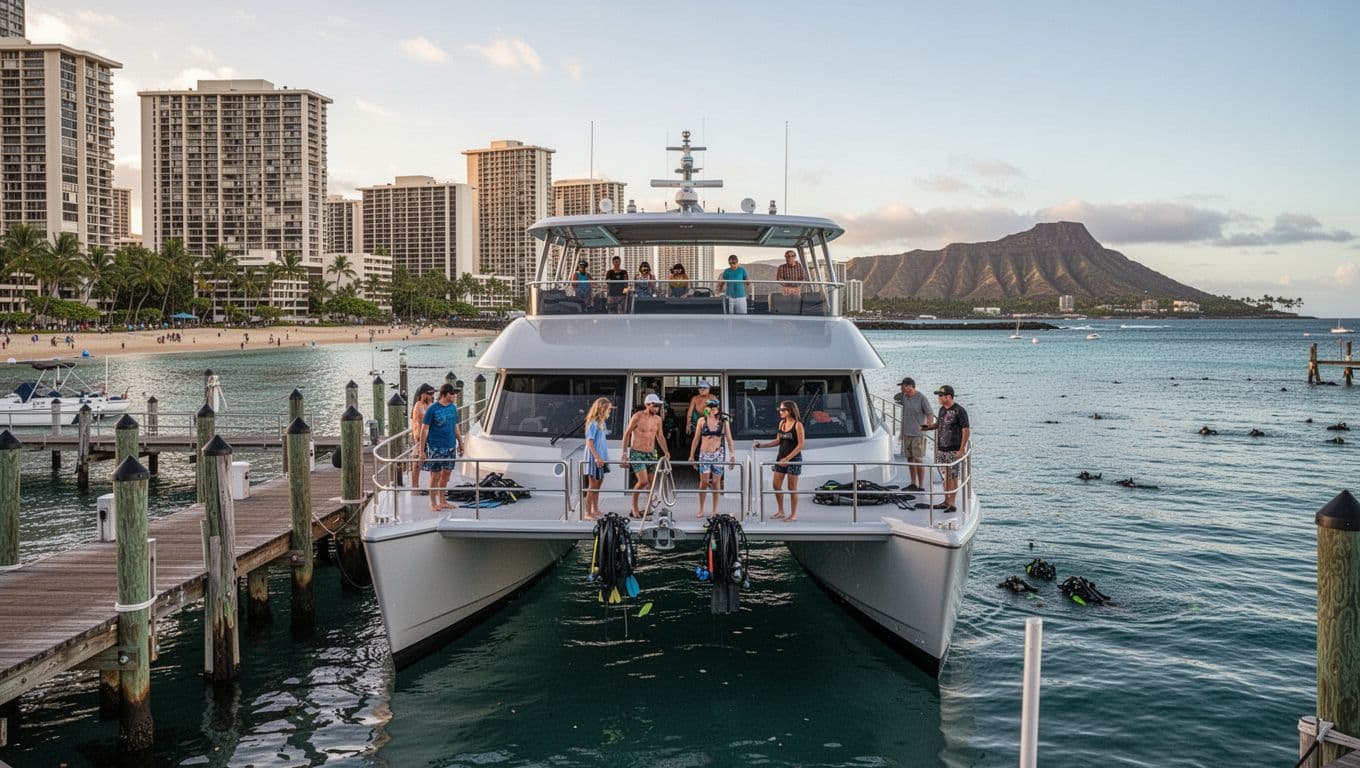 Modern double-decker catamaran docked at Kewalo Basin Harbor in Honolulu, Waikiki beach and high-rises in background, calm morning ocean with few passengers boarding for snorkeling tour, Diamond Head distant.