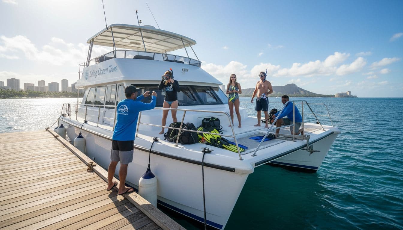 Double-decker catamaran docked at Kewalo Basin Harbor near Waikiki, Oahu, under sunny skies, with professional crew helping first-time snorkelers gear up on deck amid gentle waves and faint Honolulu skyline.