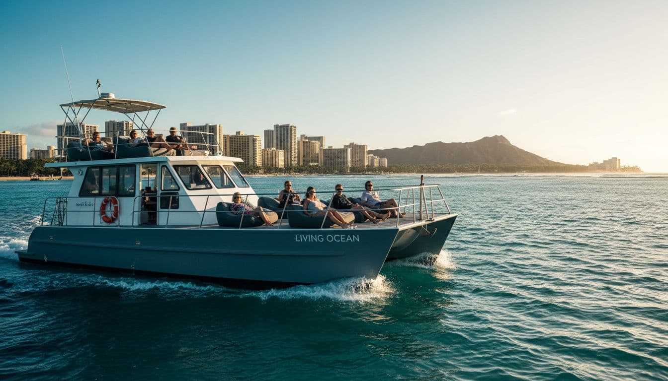 Double-decker catamaran leaves Kewalo Basin with Waikiki skyline and Diamond Head in background, four passengers relax on upper deck.
