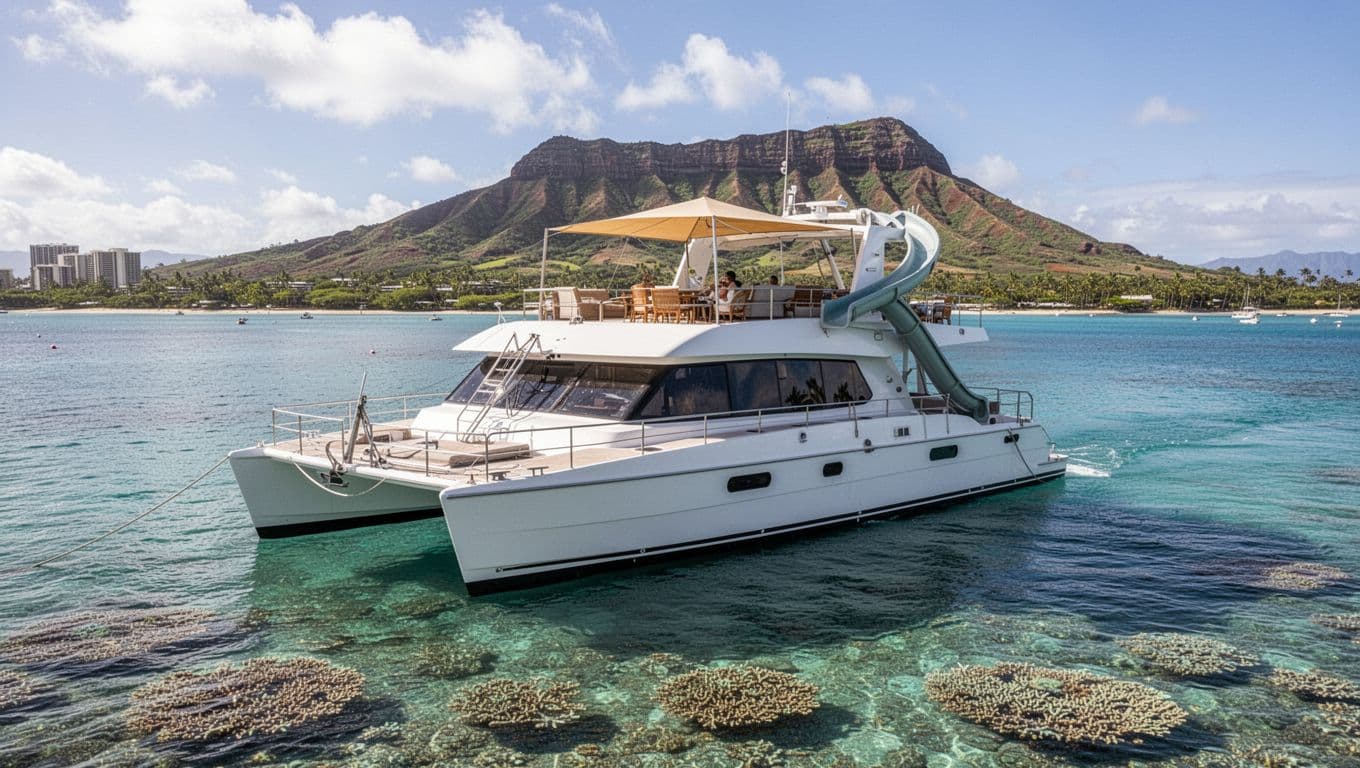 Double-decker catamaran anchored in calm turquoise bay near Waikiki with shaded upper deck and Diamond Head background.