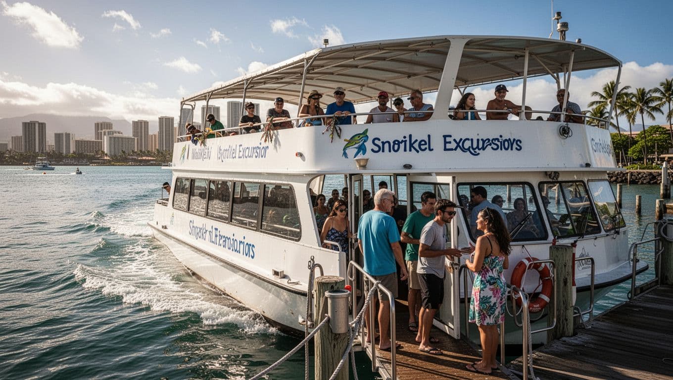 Passengers board the double-decker boat Coral Kai or Lokahi at Kewalo Basin harbor near Waikiki for a snorkel tour, with calm ocean waters, distant Honolulu skyline, and bright sunny day.