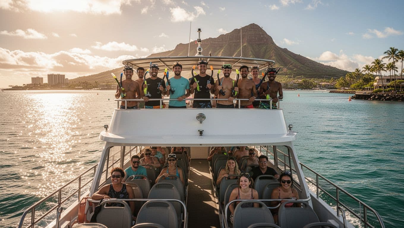 Double-decker tour boat departing sunny Kewalo Basin Boat Harbor near Waikiki, Oahu, Hawaii, with sparkling calm ocean waters and Diamond Head in the background. Excited diverse passengers with snorkel gear on open upper deck and shaded lower deck, captured in cinematic golden hour lighting.