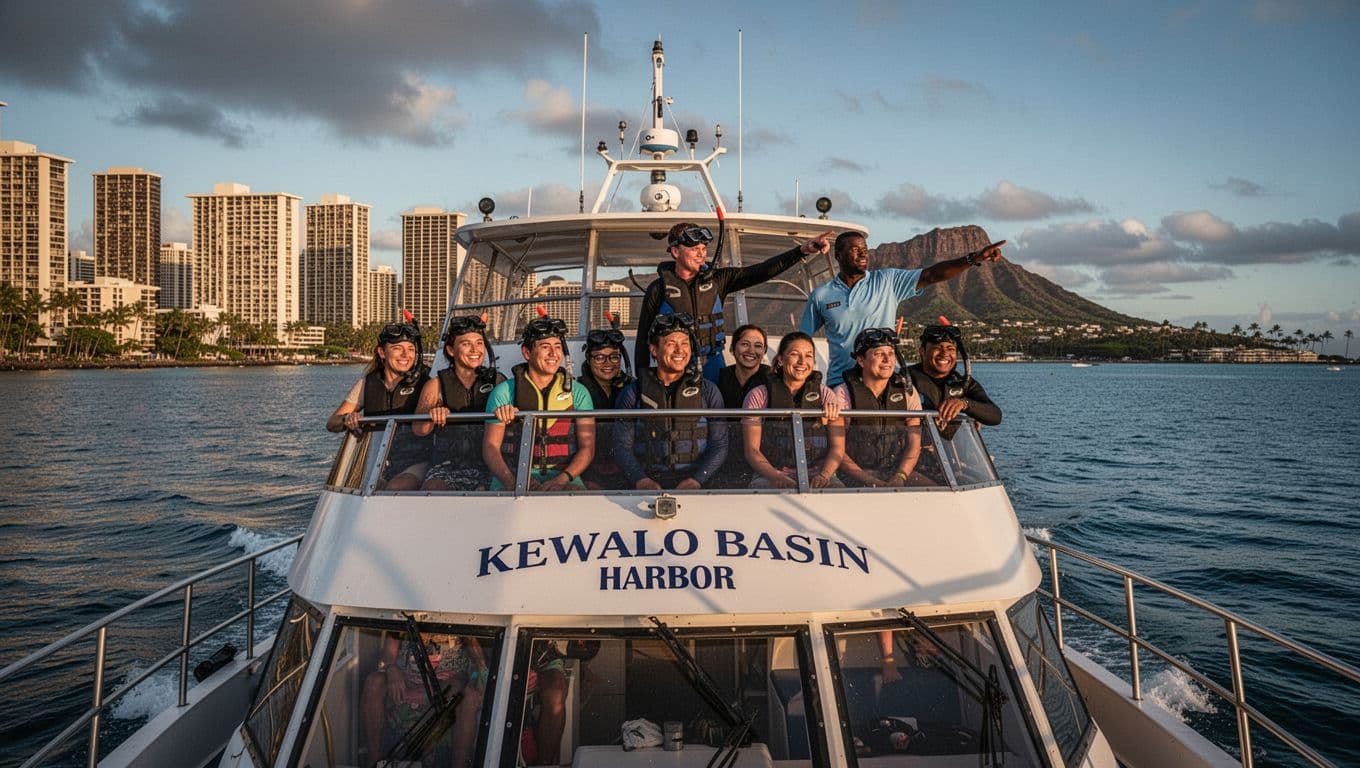 Double-decker boat leaves Kewalo Basin with eight excited snorkelers on upper deck, Waikiki skyline and Diamond Head behind.