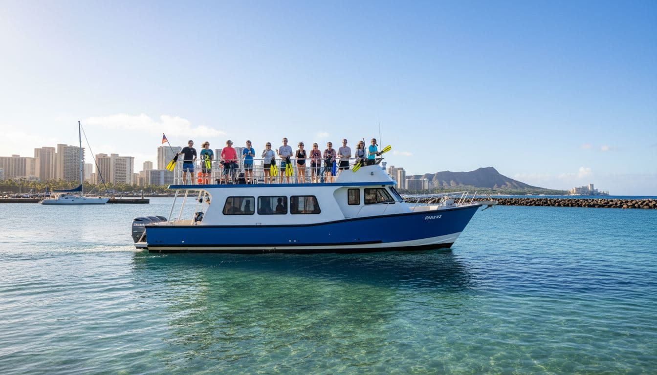 Double-decker boat departing calm Kewalo Basin harbor in Honolulu with Waikiki skyline in background, passengers on upper deck for snorkel tour on sunny windy morning.