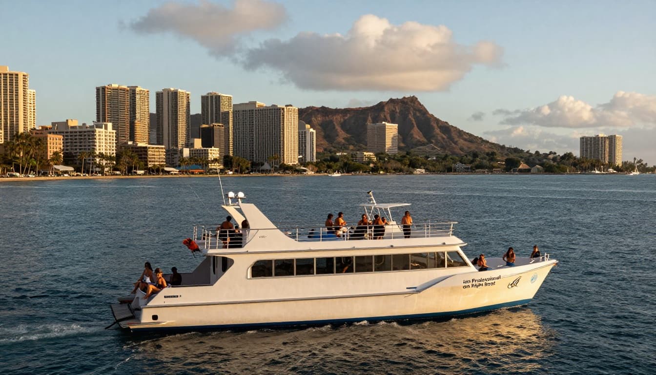 Custom double-decker snorkel boat leaves Kewalo Basin Boat Harbor in Honolulu, Oahu, heading to Waikiki's Turtle Canyon with Diamond Head and cityscape in the background under morning light.