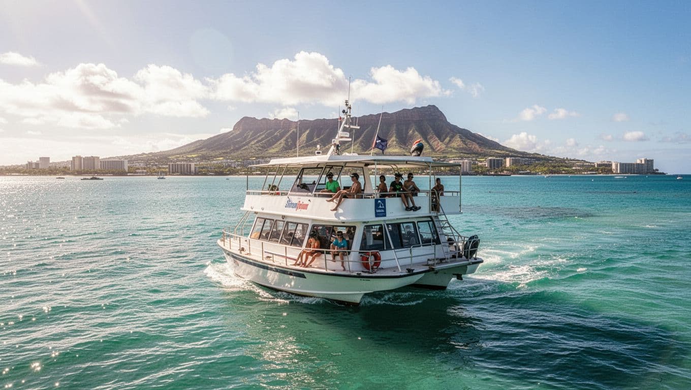 A double-decker snorkel tour boat like Coral Kai sails from Kewalo Basin Boat Harbor in Honolulu toward the Waikiki coast, with turquoise ocean and Diamond Head volcano in the sunny distant background. A small group of 4-5 guests enjoys relaxed views from the upper open deck in cinematic style with dramatic lighting.