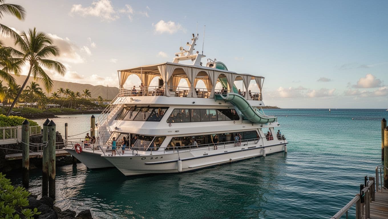 Double-decker snorkel boat docked at Kewalo Basin Harbor near Waikiki with calm turquoise water.