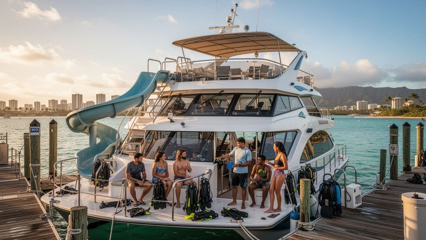 Double-decker snorkel boat docked at Kewalo Basin Harbor with water slide on upper deck, six passengers preparing gear below, crew assisting amid turquoise sea.