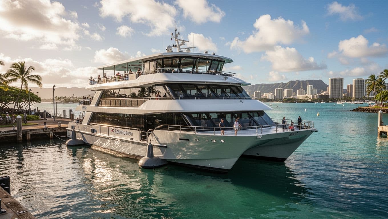 Modern double-decker snorkel tour boat docked at Kewalo Basin Harbor, Oahu, with calm ocean waters and distant Waikiki skyline on sunny day.