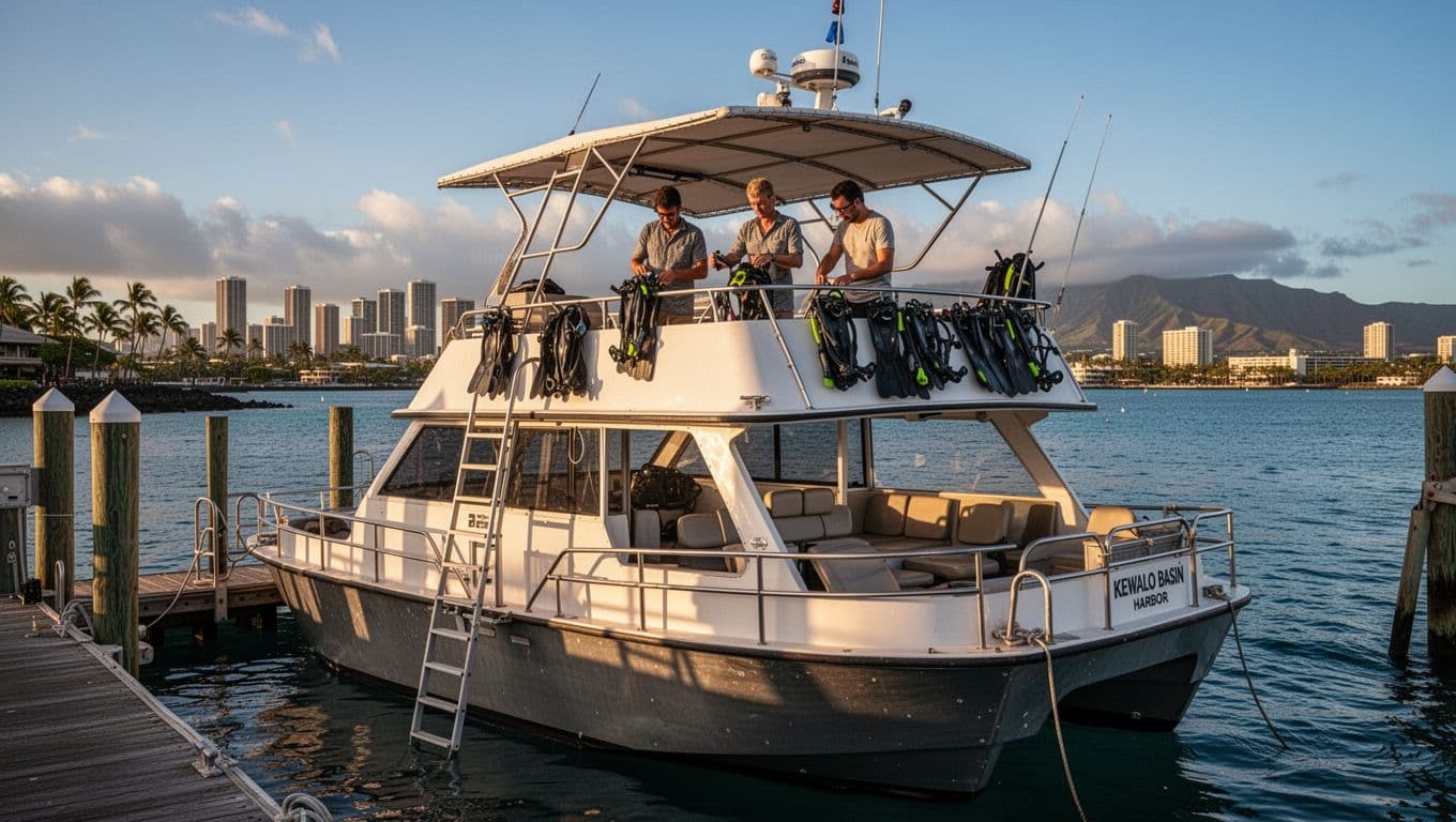 Double-decker snorkel boat docked at Kewalo Basin Harbor in Oahu with Waikiki skyline in the background, calm blue sea, and three relaxed adults on the upper deck during golden hour.