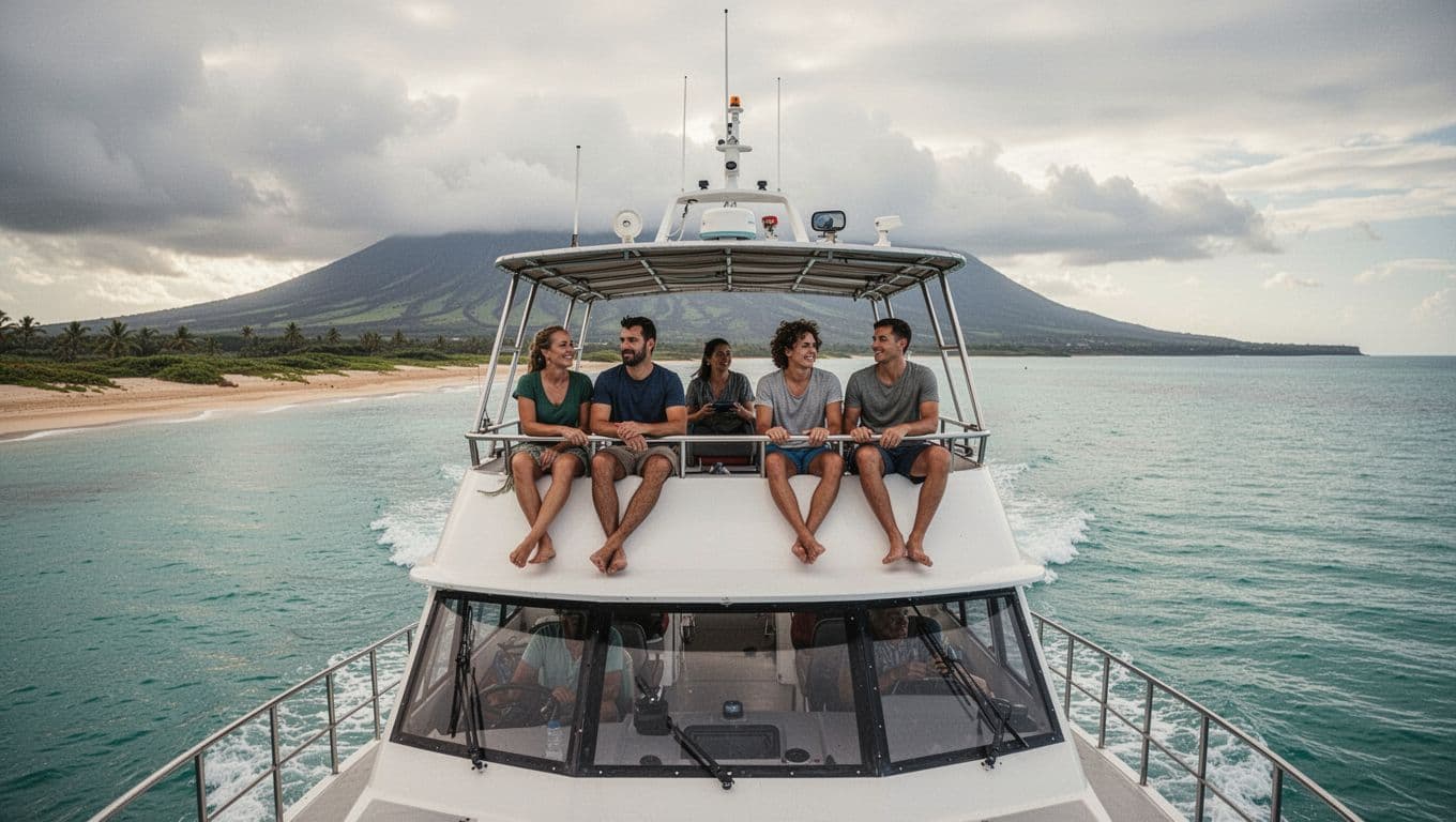 A double-decker snorkel tour boat like Coral Kai sails from Kewalo Basin Harbor near Waikiki, Honolulu, on a cloudy day with calm turquoise waters and soft overcast light. Four passengers relax on the shaded deck, with a distant silhouette of Diamond Head, captured in cinematic style with dramatic contrast and depth.