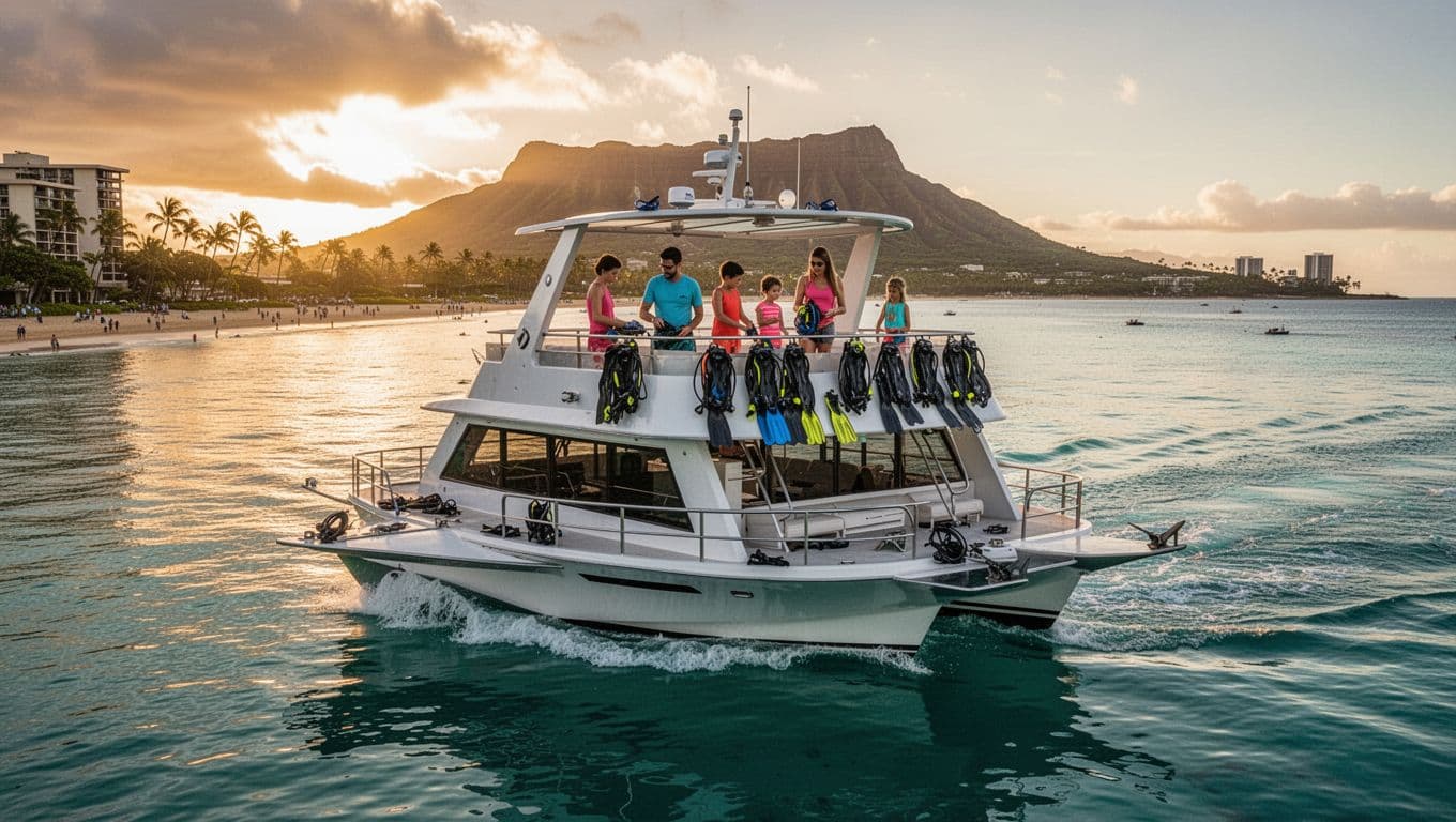 Modern double-decker snorkel tour boat gliding across glassy turquoise bay waters at dawn, with golden light illuminating Waikiki Beach and Diamond Head in the background. Family group of five on upper deck prepares gear in calm, ideal snorkeling conditions.