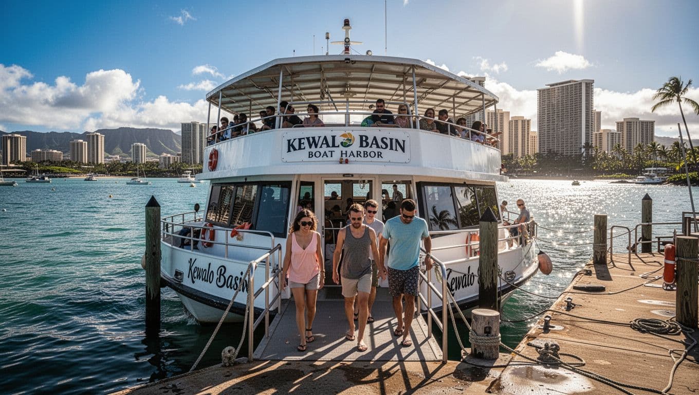 Double-decker tour boat ready for snorkel excursion at Kewalo Basin Boat Harbor in Honolulu, with calm ocean waves, Waikiki skyline in the background, sunny day, passengers boarding.