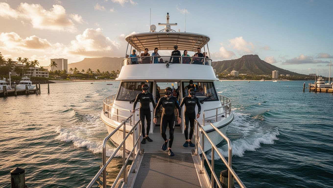 Modern double-decker tour boat docked at sunny Kewalo Basin Boat Harbor in Honolulu, with Waikiki Beach and Diamond Head in the background, passengers boarding with snorkel gear under dramatic golden hour lighting.