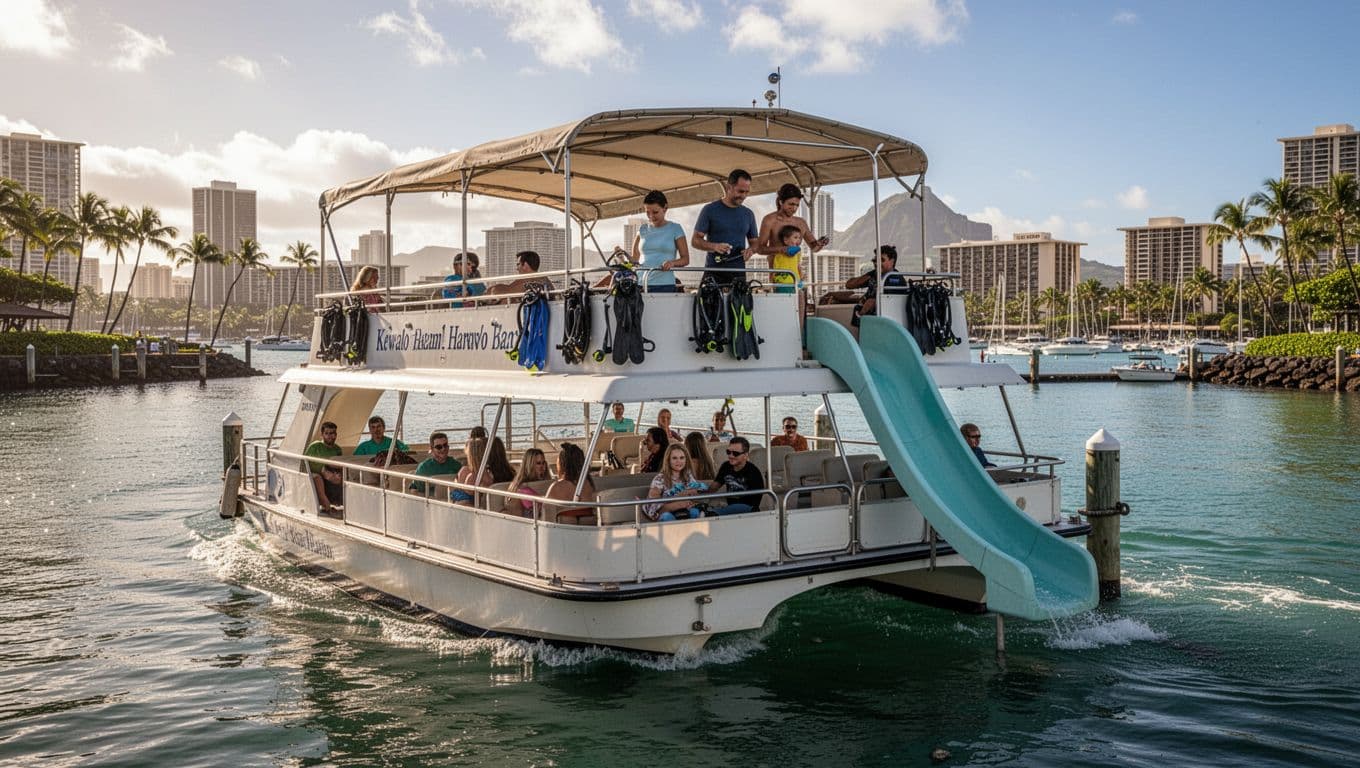 A double-decker tour boat at Kewalo Basin Harbor, Oahu, with shaded seating and water slide against a calm Waikiki ocean on a sunny day. Happy family of two adults and one child relaxes in preparation for their snorkel tour, captured in cinematic style with strong contrast and dramatic lighting.