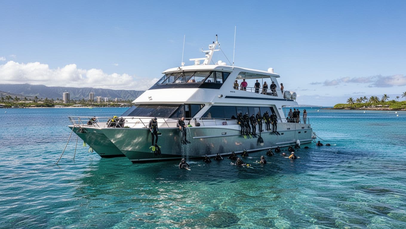 A sleek white double-decker vessel floats in vibrant turquoise Hawaiian waters under a clear sky. The calm ocean surroundings suggest an ideal location for exploring underwater reefs near the shore.