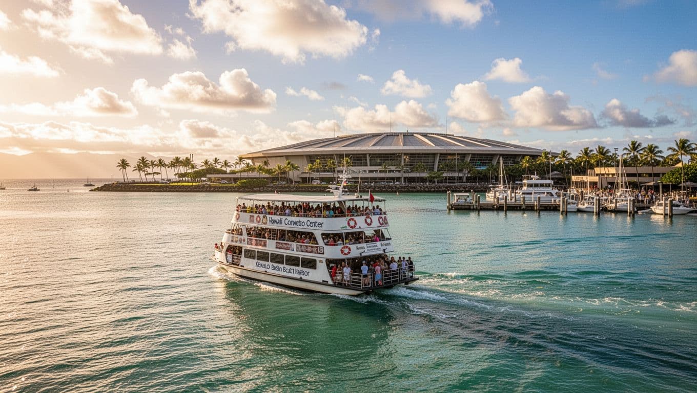 A double-decker tour boat departs from Kewalo Basin Boat Harbor with the Hawaii Convention Center visible across the calm turquoise ocean waters under a bright sunny sky with scattered clouds and dramatic golden hour lighting. Cinematic style features strong contrast and depth of field focusing on the boat.