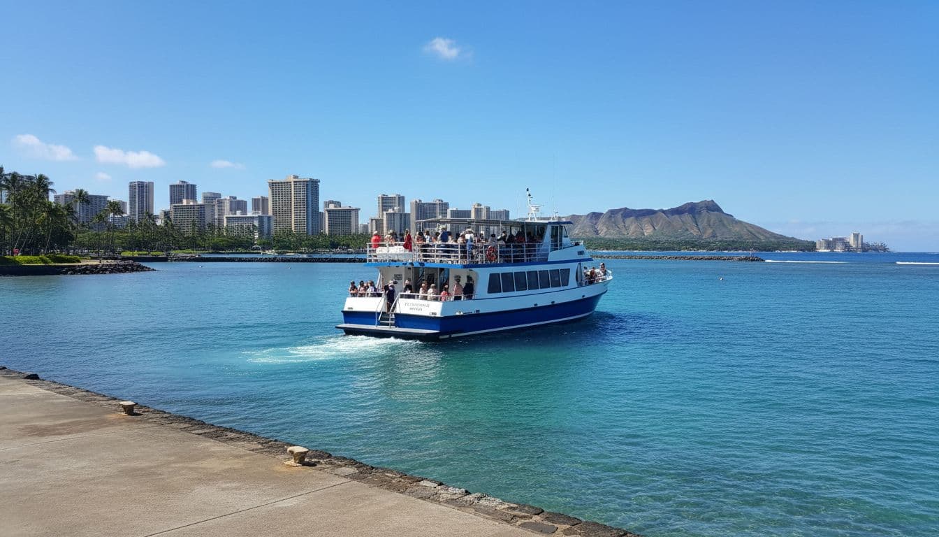 A double-decker tour boat departs from Kewalo Basin Boat Harbor in Honolulu, Oahu, heading to Turtle Canyon snorkel spot near Waikiki on a sunny day with calm ocean waters and blue skies.