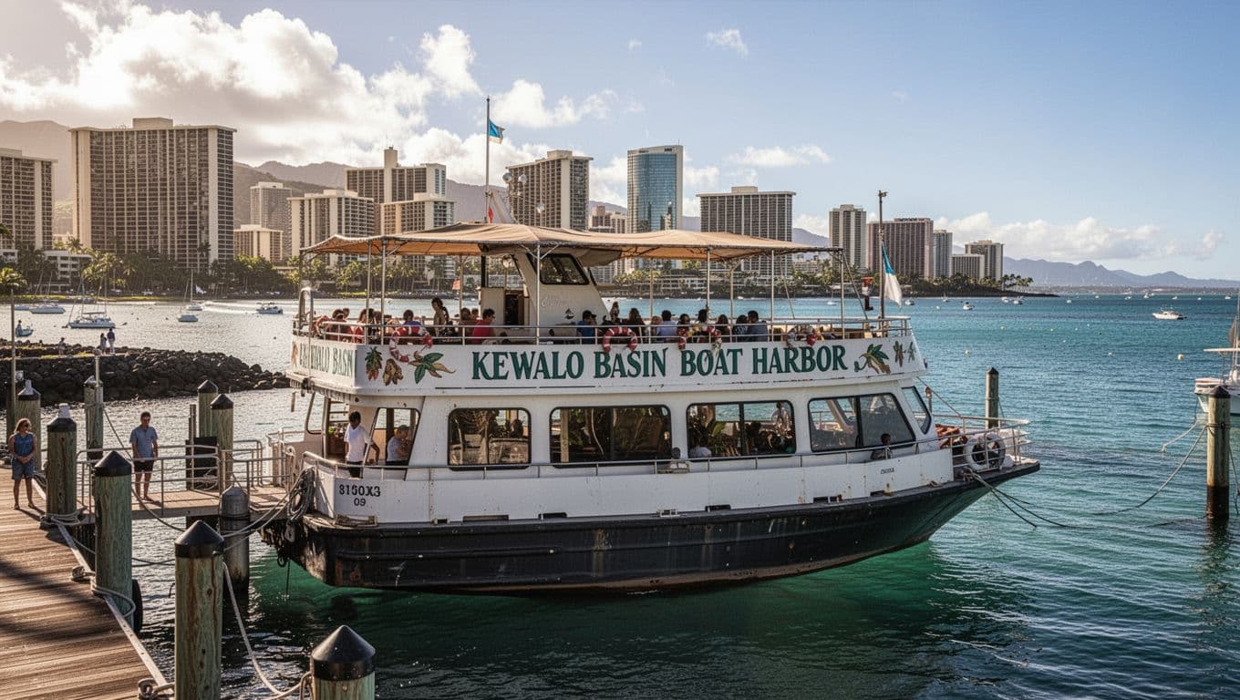 Double-decker tour boat docked at Kewalo Basin Boat Harbor with Waikiki skyline and ocean in background on sunny day.