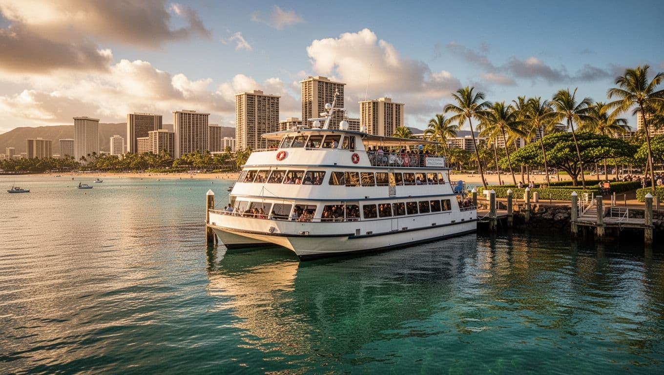 A double-decker tour boat is docked at Kewalo Basin Boat Harbor in Honolulu near Waikiki, surrounded by calm turquoise ocean water with the distant Waikiki beach skyline and palm trees in the background. Captured in cinematic style with strong contrast, depth, and dramatic golden hour lighting, centered composition with no people or additional elements.