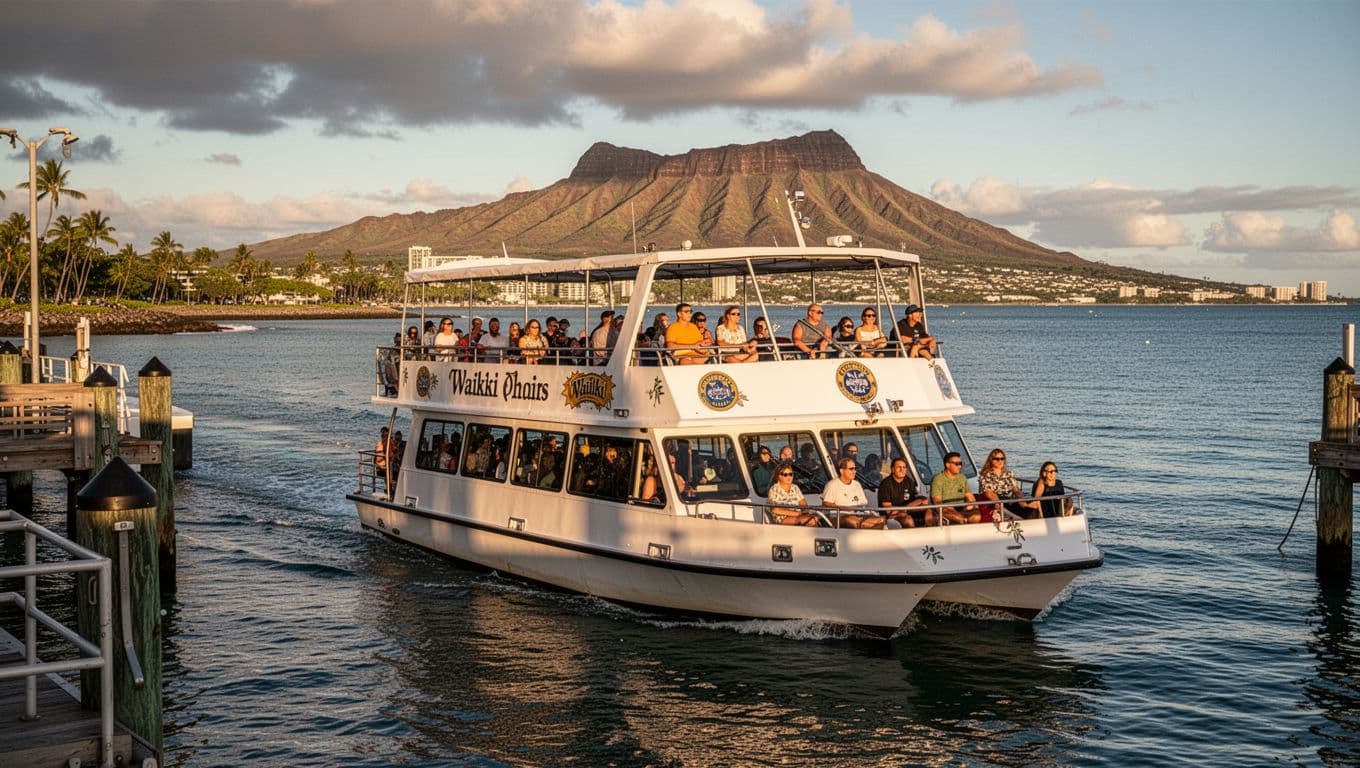 Double-decker tour boat leaves Kewalo Basin Harbor near Waikiki with Oahu coastline and Diamond Head in background.
