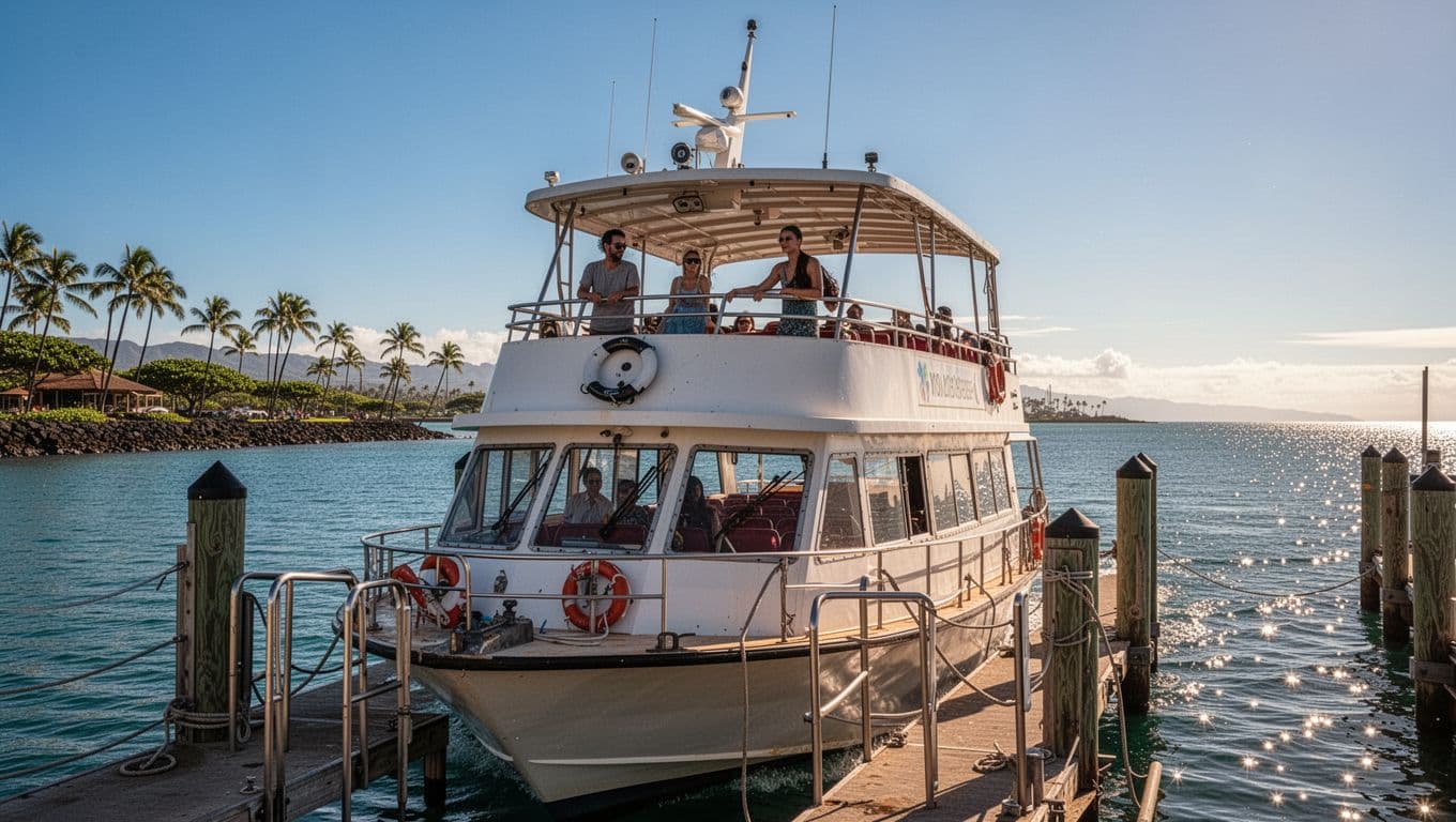 Double-decker tour boat leaves sunny Kewalo Basin Harbor near Waikiki with two passengers on open decks, sparkling sea under blue sky and palm shoreline.