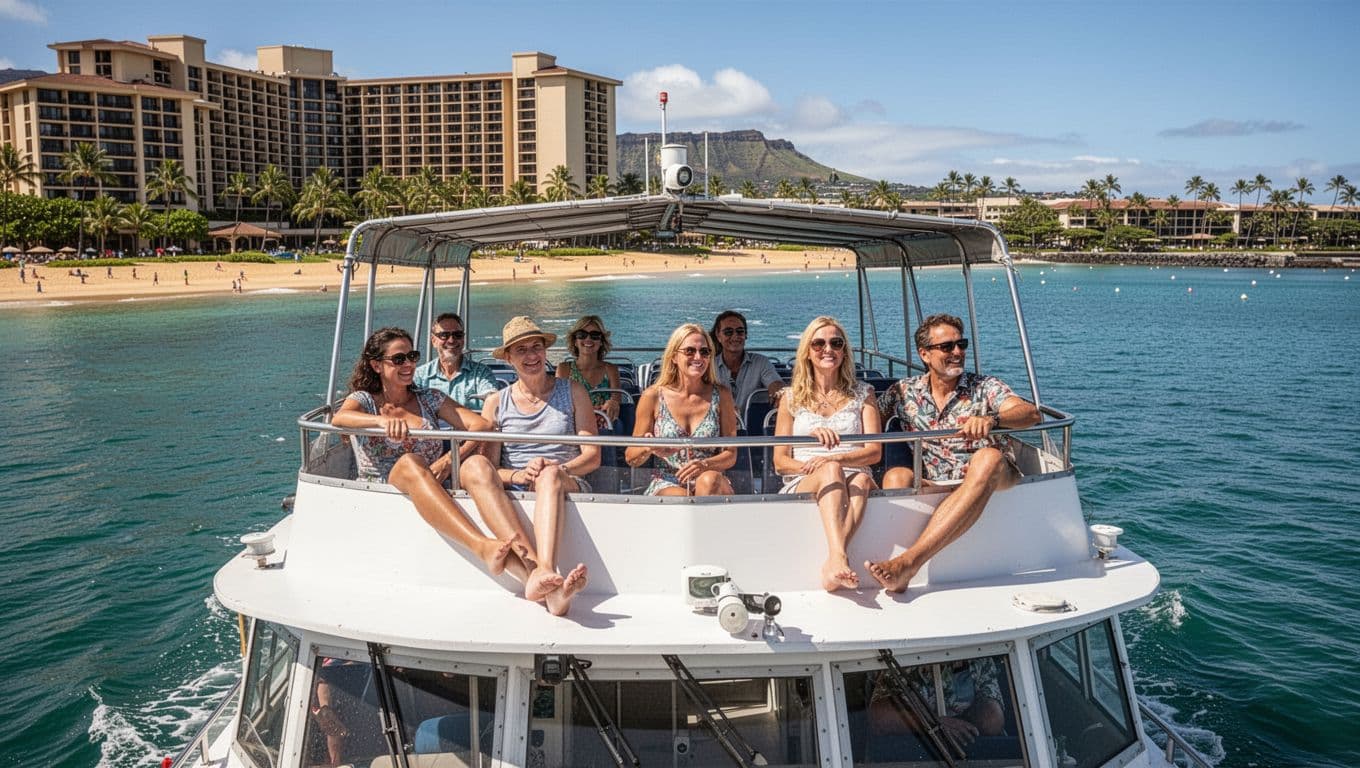 Double-decker tour boat leaves sunny Kewalo Basin Harbor with Waikiki Beach and Hilton Hawaiian Village in background, six passengers relax on upper deck.