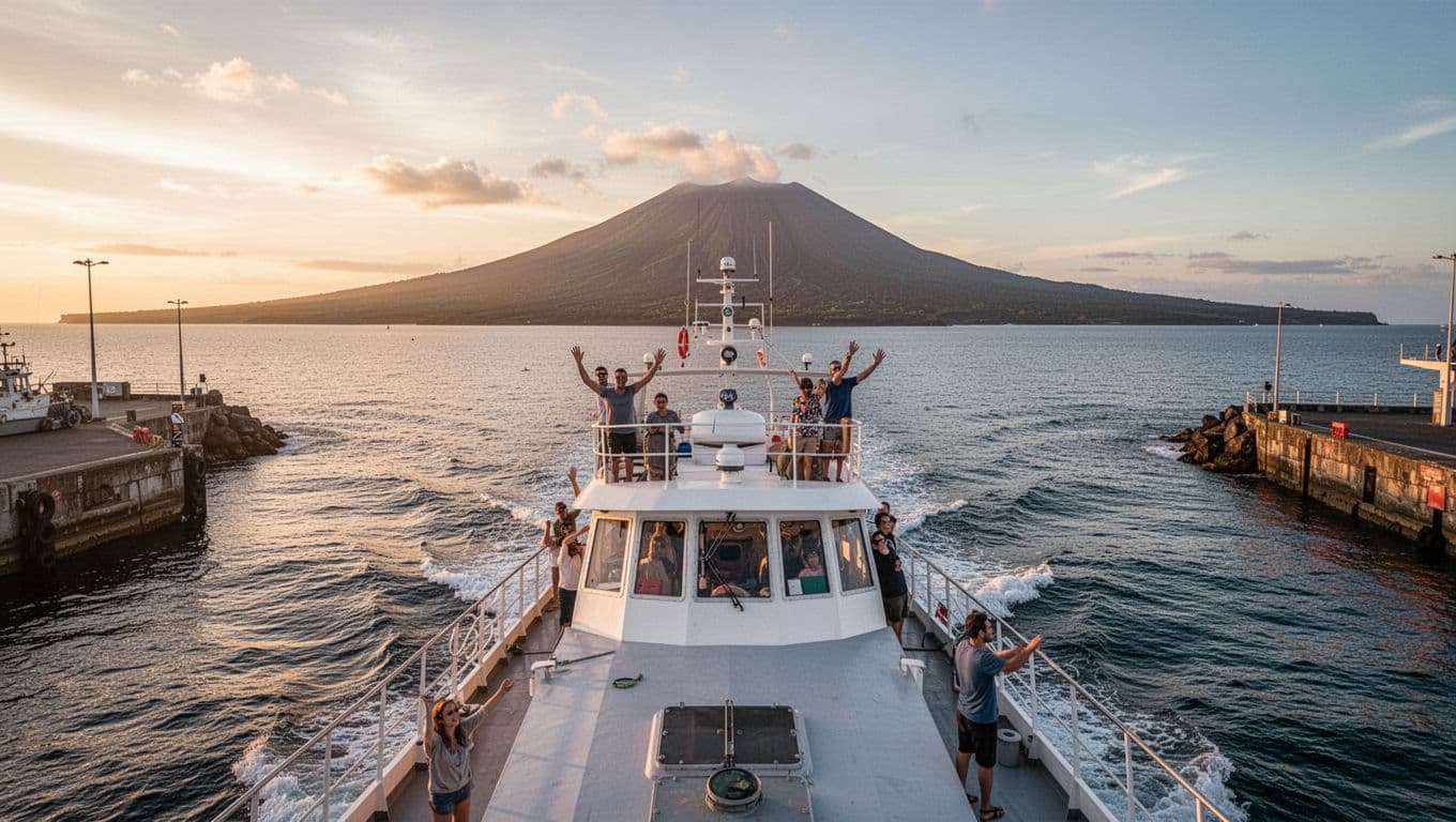 A double-decker tour boat departs from Kewalo Basin Boat Harbor near Waikiki, Oahu, during golden hour sunrise with calm ocean waters, distant horizon, and Diamond Head visible. Passengers on the upper deck wave as the wide scenic shot captures dramatic lighting and strong contrast.