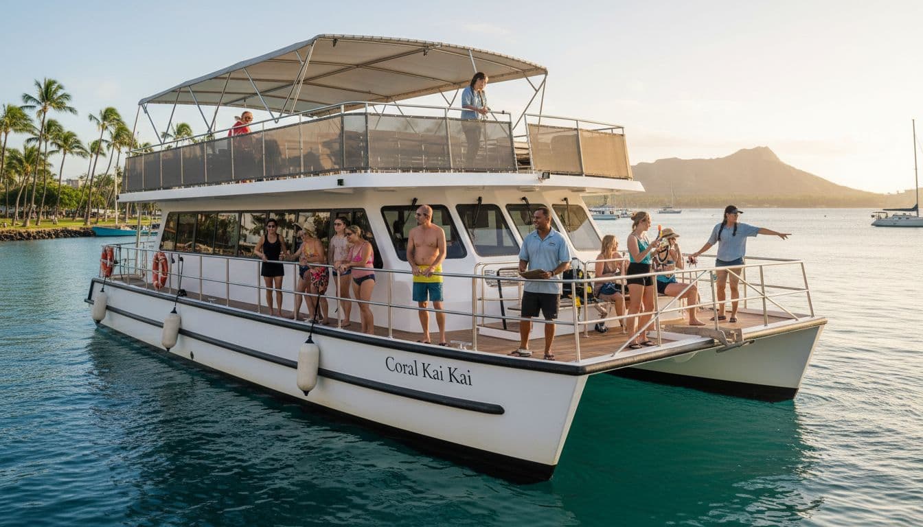 Double-decker tour boat like Coral Kai or Lokahi at Kewalo Basin Harbor in Honolulu, Oahu, in morning light with calm ocean waters and passengers preparing for Turtle Canyon snorkel excursion on spacious decks.