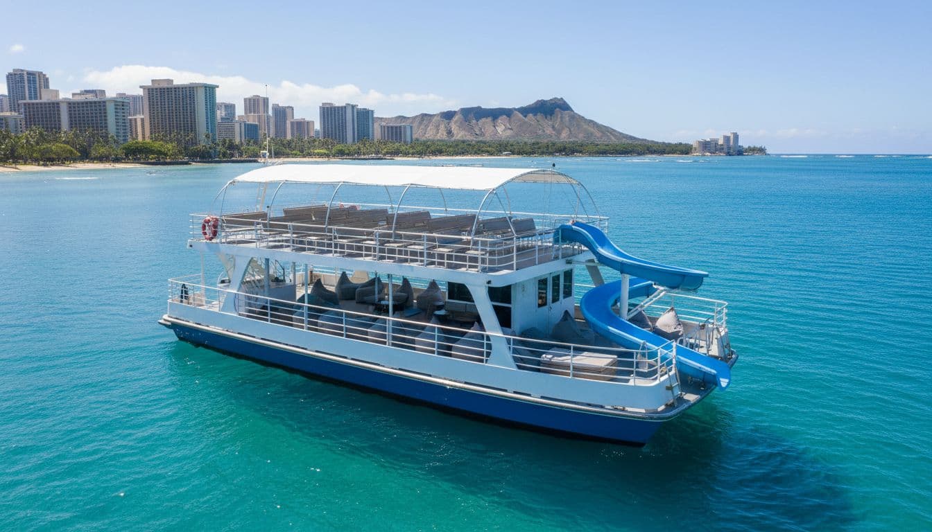 Double-decker tour boat anchored in calm turquoise waters off Waikiki, Oahu, with upper deck shaded seating and water slide, viewed from water level on a sunny day.