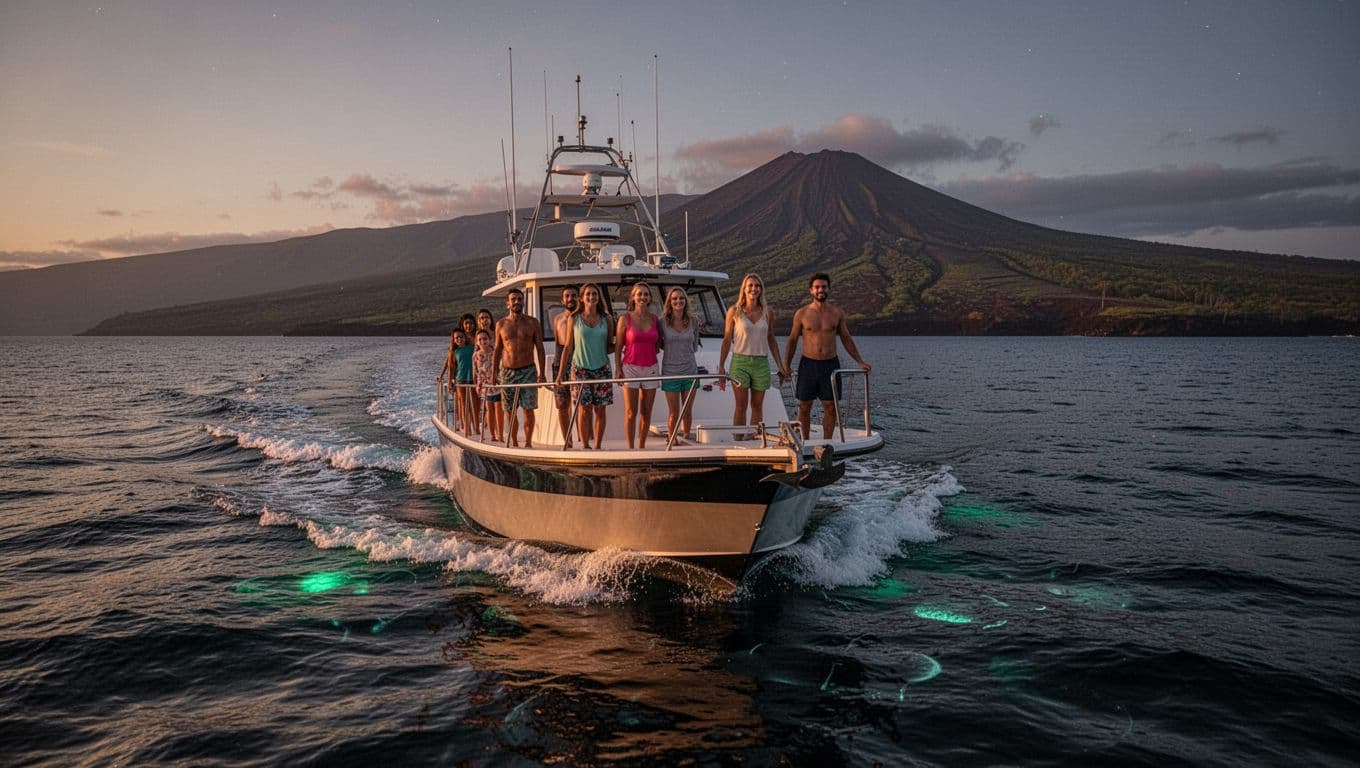 Small boat with 10 passengers glides over calm dark ocean at dusk toward manta ray site, Kona volcanic coastline fading behind.
