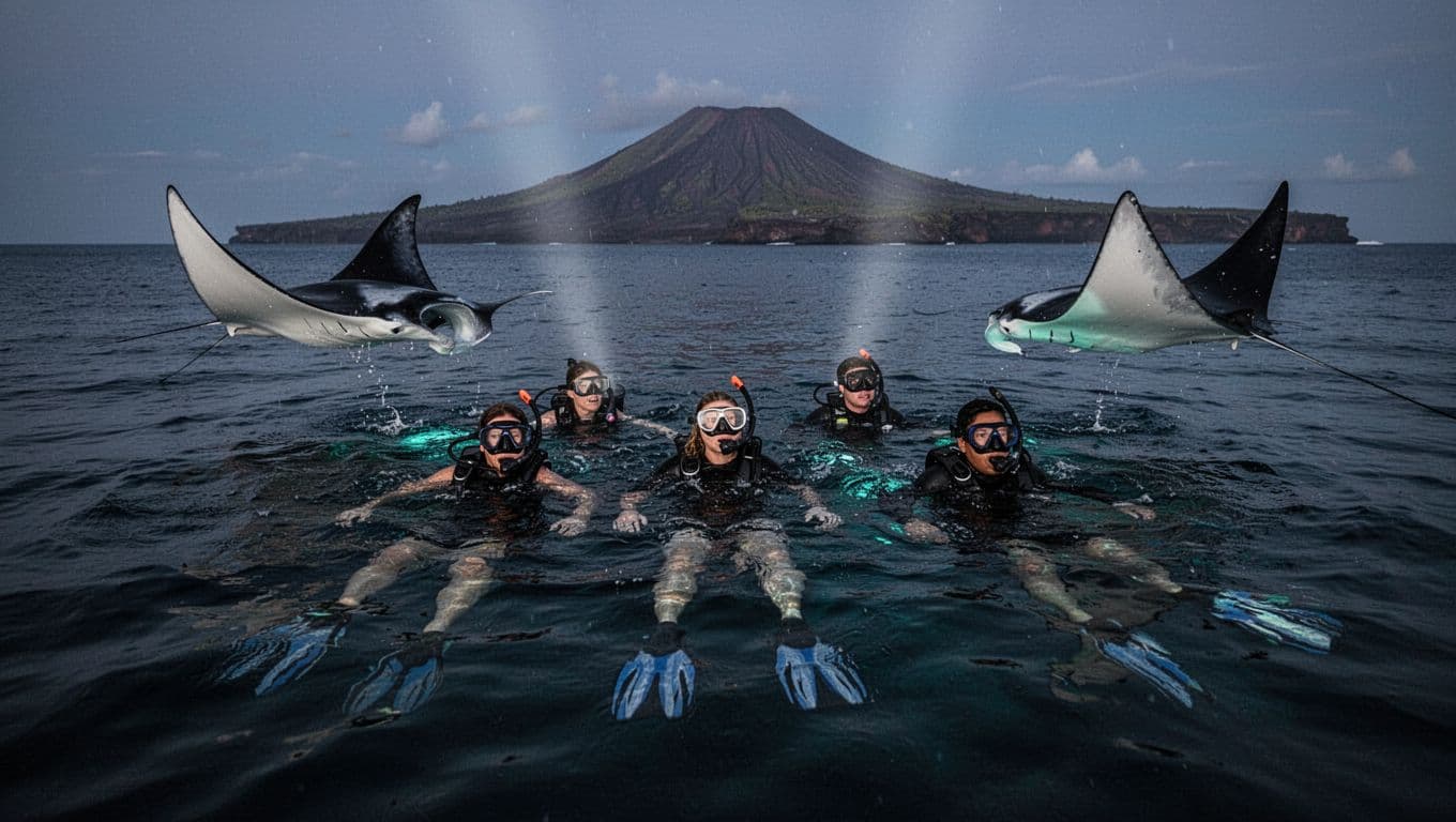 Four snorkelers in relaxed poses float in calm dark ocean waters at dusk, with gentle giant manta rays gliding nearby, spotlights illuminating their white undersides against a volcanic coastline background in cinematic blue-toned dramatic lighting.