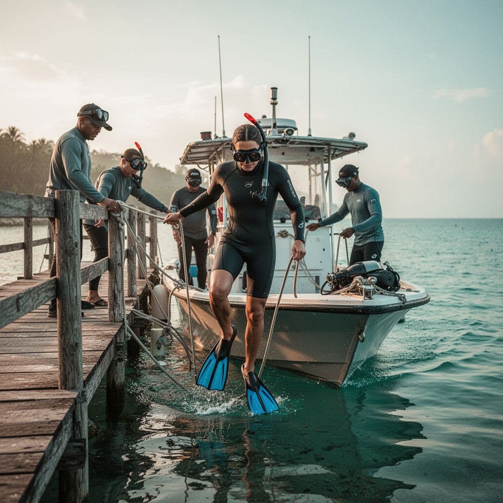 A passenger steps confidently from a wooden dock onto a sleek boat, while a uniformed crew member reaches out to offer support. The warm sunlight creates a welcoming atmosphere for travelers.